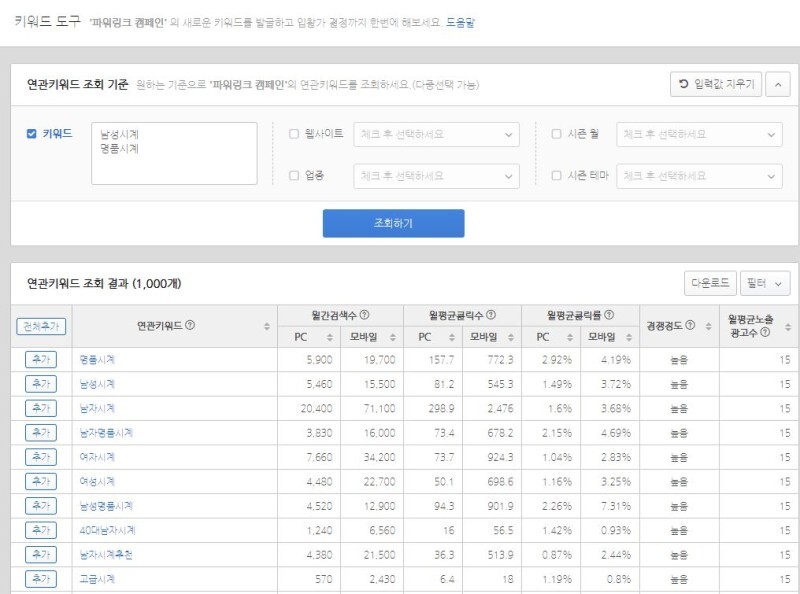네이버 검색광고를 통한 키워드 도구 사용