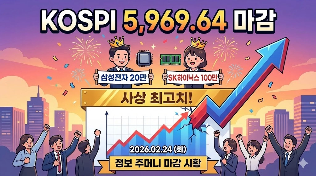 [224 마감시황] 코스피 5,969.64 마감! '20만전자&middot;100만닉스' 시대 개막, 6천피 코앞