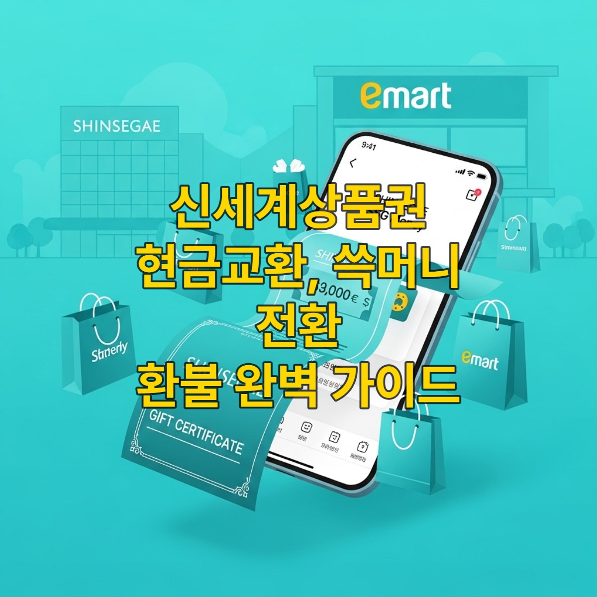 신세계상품권이 쓱페이 앱을 통해 쓱머니로 전환되어 스마트폰 화면에 표시되고, 주변에 다양한 쇼핑 품목과 현금 교환의 기회를 상징하는 요소들이 보이는 현대적인 이미지.