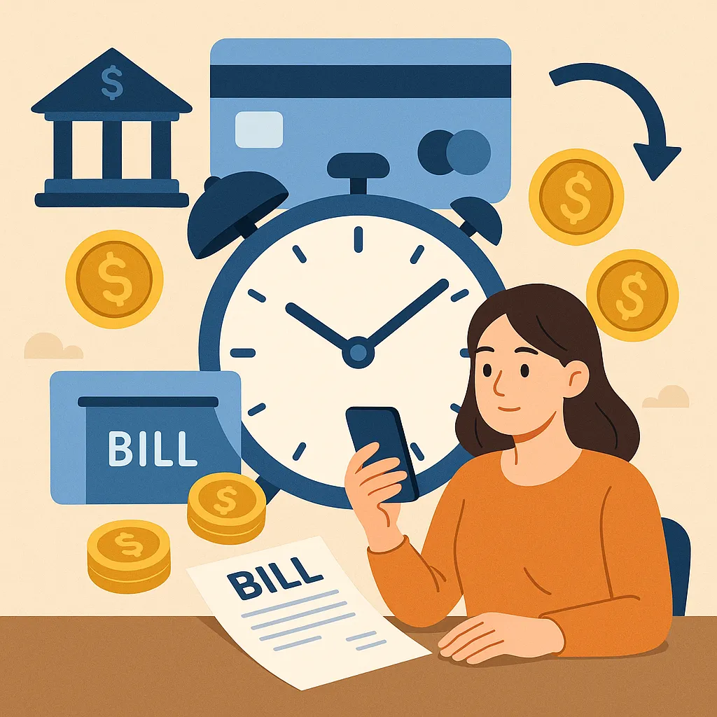 스마트폰으로-자동납부를-확인하는-여성과-뒤편의-시계,-동전,-신용카드가-함께-그려져,-카드-자동납부가-연체-위험을-줄이는-효율적인-금융습관임을-표현한-일러스트