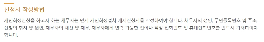 개인 회생 신청서 작성 시 주요 항목을 보여주는 화면