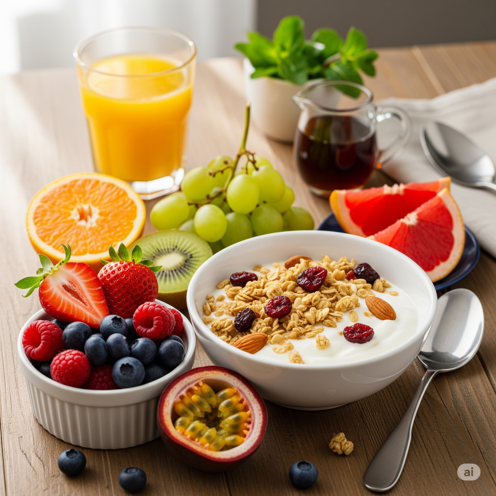 나무 테이블 위에 차려진 건강한 아침 식사. 요거트와 그래놀라가 담긴 흰색 그릇을 중심으로 신선한 딸기, 블루베리, 산딸기, 키위, 오렌지, 청포도, 자몽, 패션프루트 등 다양한 과일이 놓여있다. 옆에는 오렌지 주스 한 잔과 시럽이 담긴 작은 주전자도 보인다.