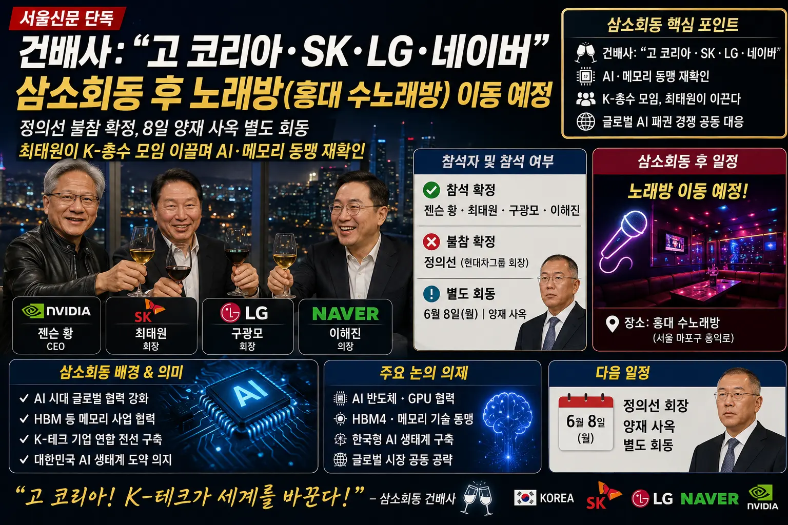 젠슨 황 삼소회동 결과 — "고 코리아·SK·LG·네이버" 건배사·노래방 이동·정의선 불참·8일 일정 총정리 2026