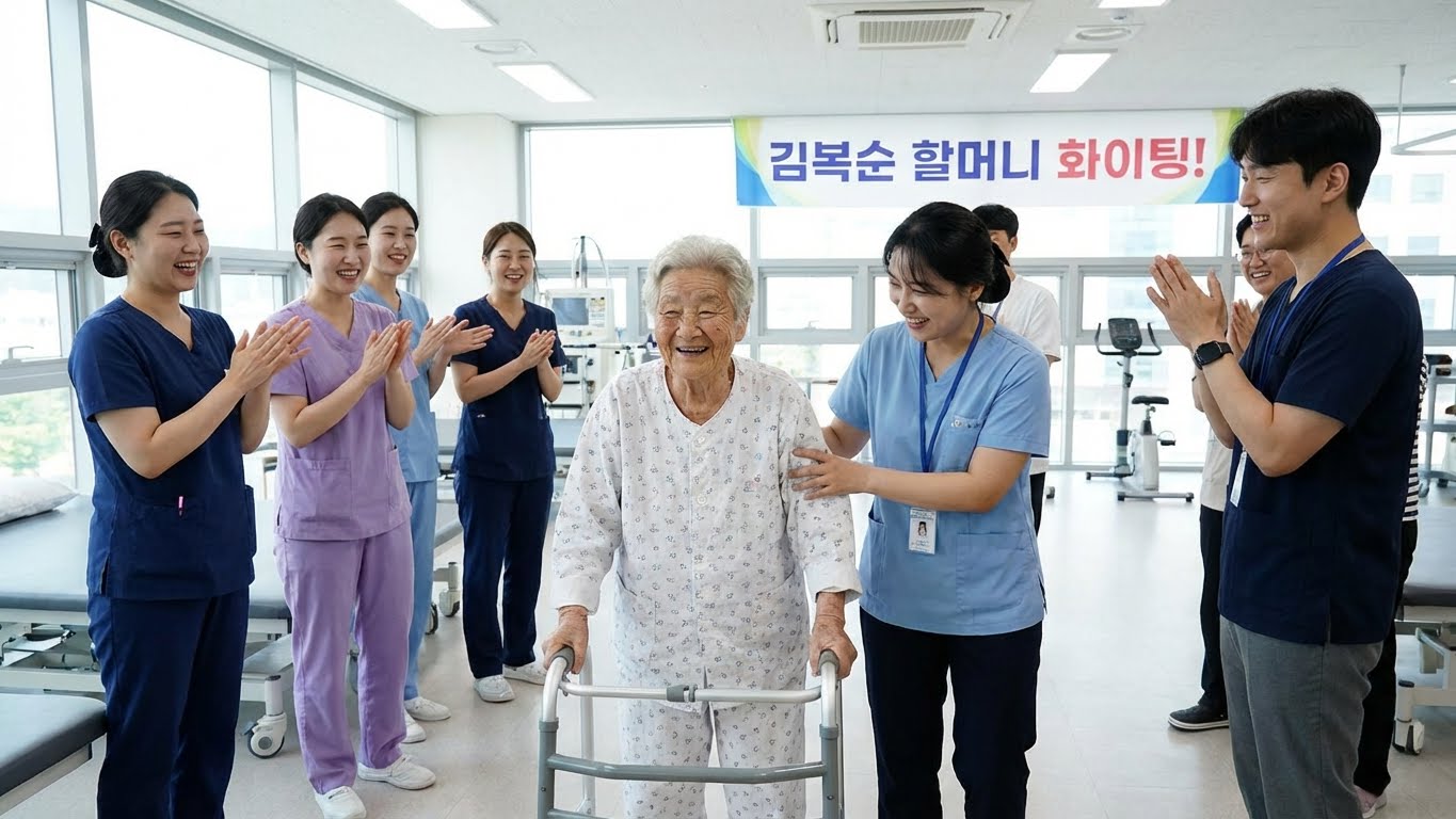 수술 후 재활 병동에서 보행 보조기(워커)를 잡고 걷기 연습을 하며 환하게 웃는 할머니모습