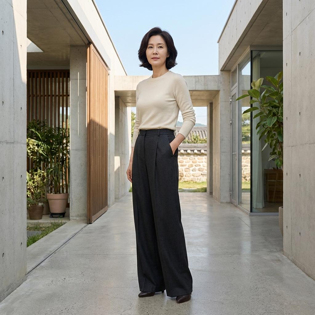 키작은 중년 여성 와이드팬츠 소화하기