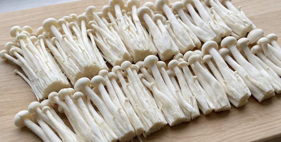 도마 위에서 뽀얀 팽이버섯을 한입 크기로 정갈하게 썰어 나열한 모습