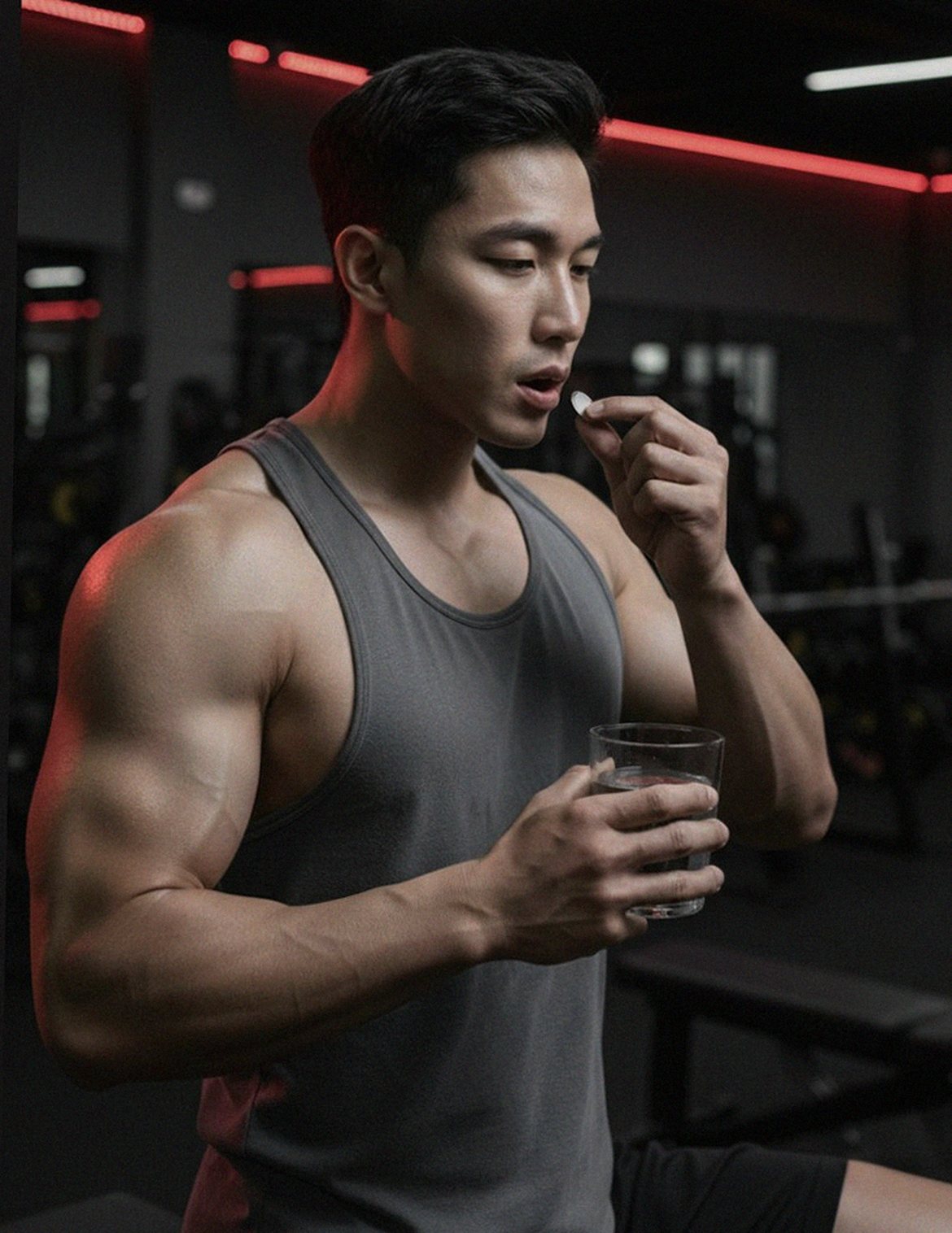 Korean Asian man 40s taking supplement with water in bright kitchen