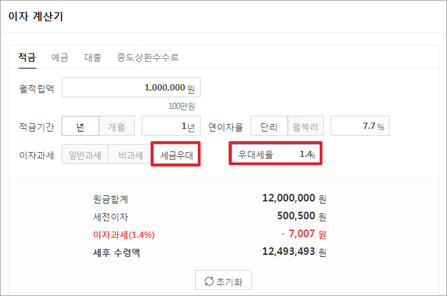 이자 계산(세금 우대)