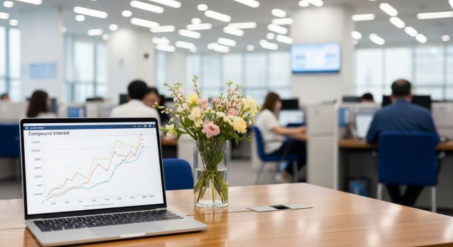 2026년 3월 ISA 비과세 한도 상향 안내가 보이는 은행 내부 전경과 재테크 그래프 화면