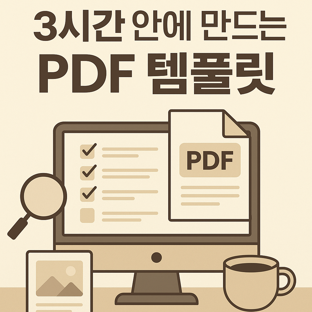 3시간 안에 PDF 템플릿을 제작하는 과정을 표현한 썸네일 – 컴퓨터 화면, 체크리스트, PDF 아이콘, 커피잔이 포함된 실전형 일러스트 이미지