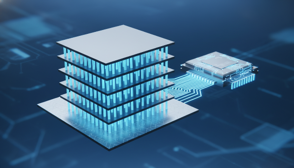 HBM의 수직 적층 아키텍처를 보여주는 단면도. TSV로 연결된 DRAM 다이와 실리콘 인터포저가 보인다.