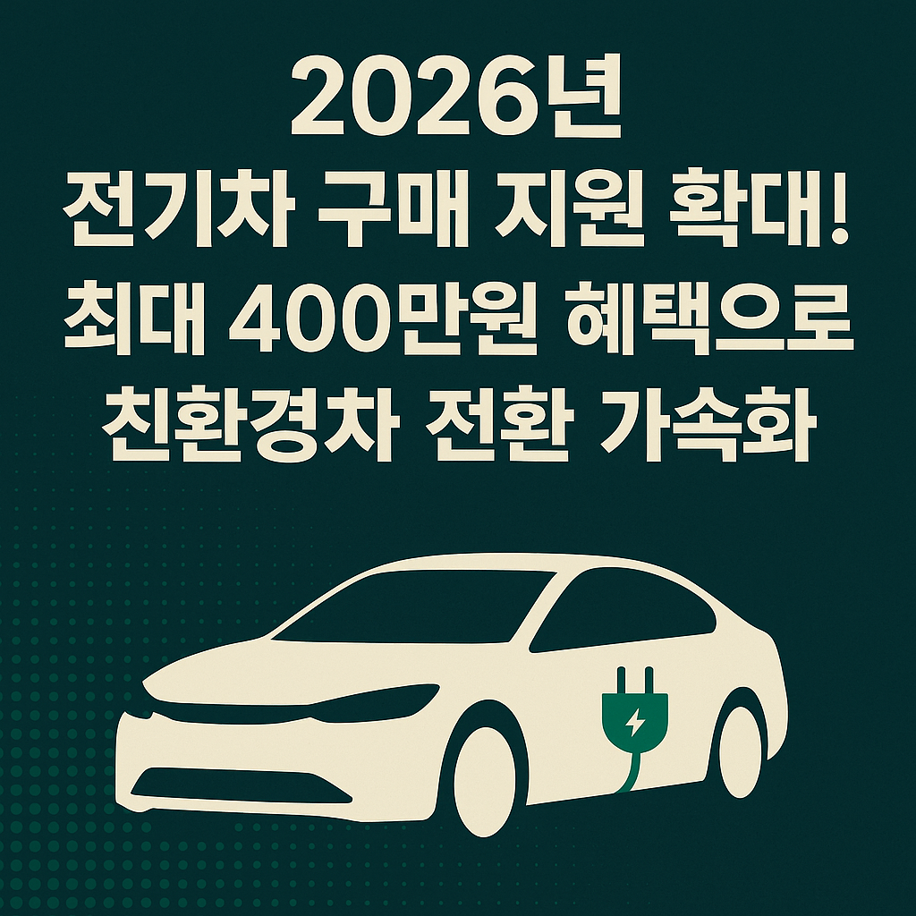 2026년 전기차 구매 지원 확대, 최대 400만원 혜택으로 친환경차 전환 가속화를 강조하는 세련된 홍보 썸네일 디자인