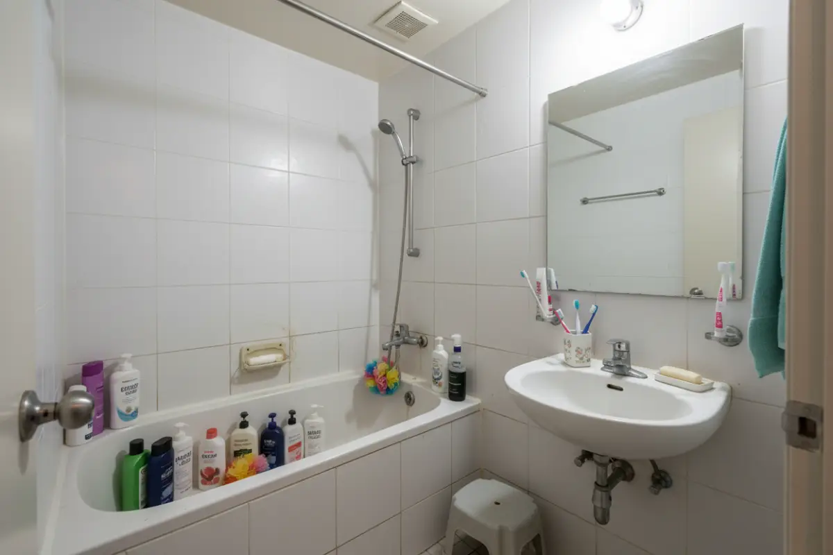 좁은 욕실 정리 전 모습, 바닥에 널린 샴푸통과 어수선한 자취방 욕실