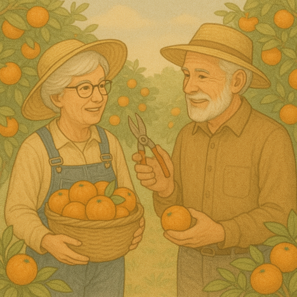 노부부가 귤농장에서 체험활동을 즐기는 모습