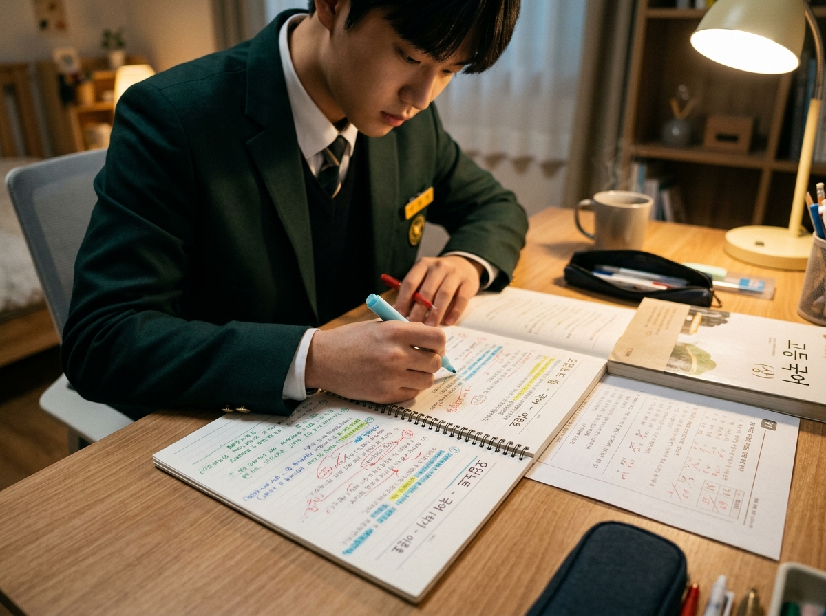 국어 오답 노트를 작성하며 적극적으로 문제를 교정하는 학생