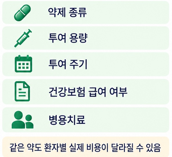 면역항암제 가격이 약제 종류 투여 용량 투여 주기 급여 여부 병용치료에 따라 달라지는 구조를 설명한 이미지