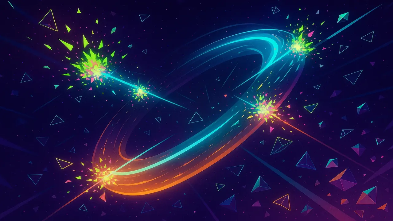 진동하는 끈의 모습을 시각화한 3D 그래픽으로 다양한 입자들이 하나의 근본 원리에서 나타나는 모습