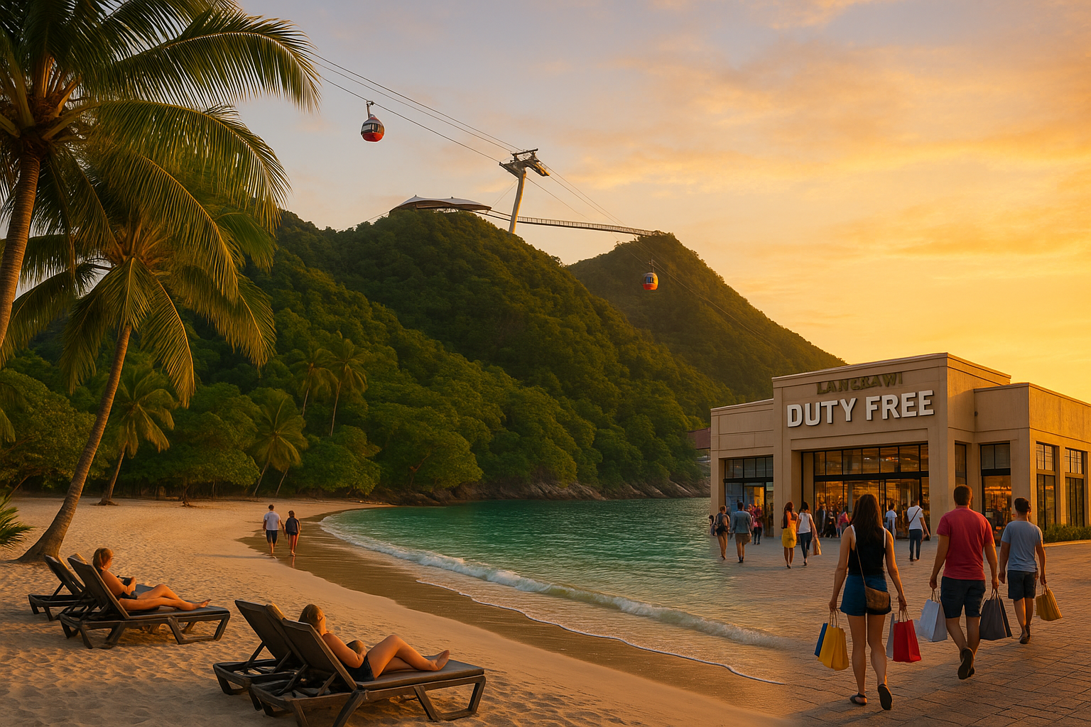 황금빛 석양이 물든 해변 위로 스카이브리지로 이어지는 케이블카와 분주한 무세금 쇼핑몰이 어우러진 랑카위의 풍경
