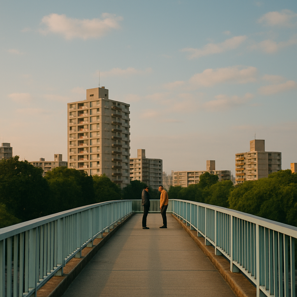 육교 위에 두 사람이 마주 보고 서 있는 이미지