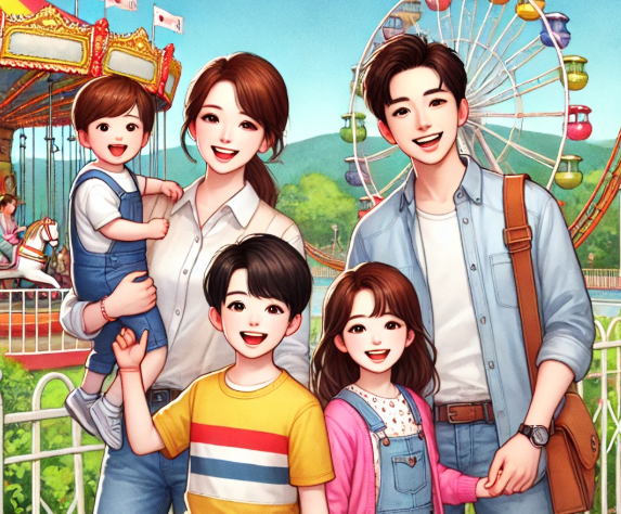 놀이공원에 놀러온 가족의 모습