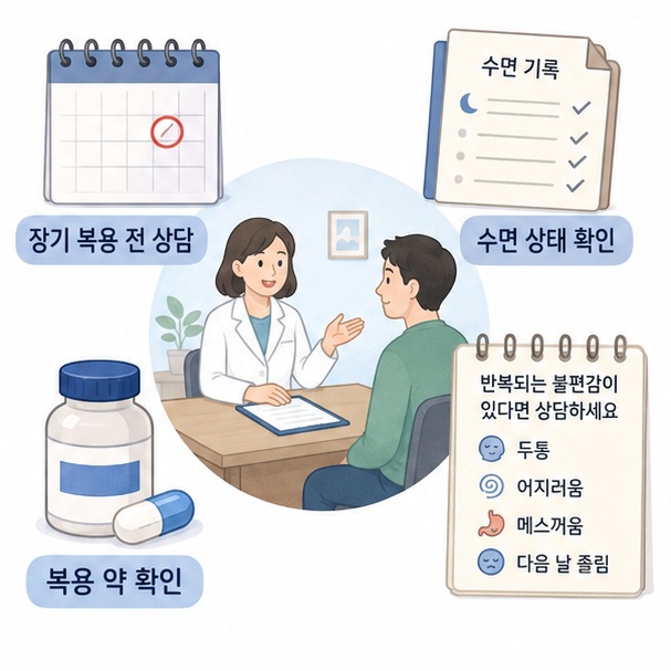멜라토닌 장기 복용 전 의료진과 상담하며 복용 기간과 상태를 확인하는 장면