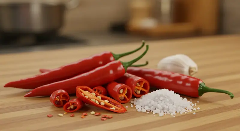 고추, 마늘, 소금 등 매콤하고 짭짤한 요리에 사용되는 재료들이 한데 모여 있는 이미지, 맵짠 음식의 맛을 구성하는 요소를 상징