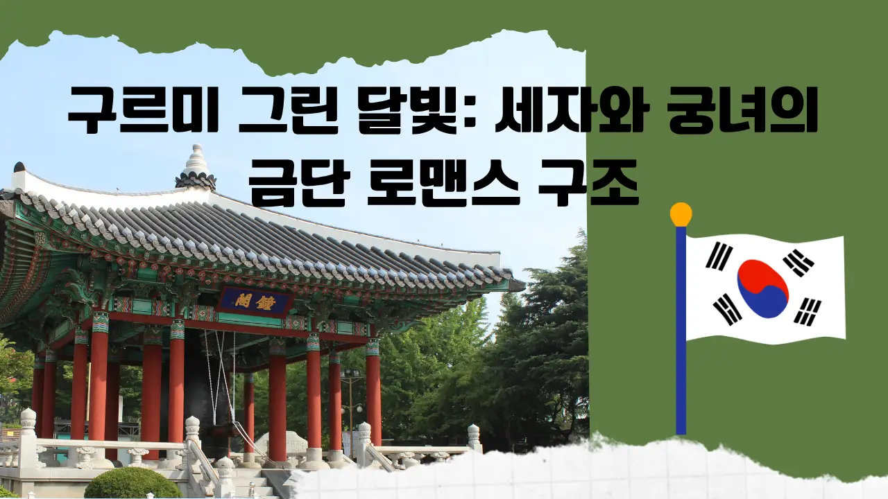 전통 한국 정자와 태극기 이미지 위에 '구르미 그린 달빛: 세자와 궁녀의 금단 로맨스 구조'라는 제목이 삽입된 썸네일 이미지