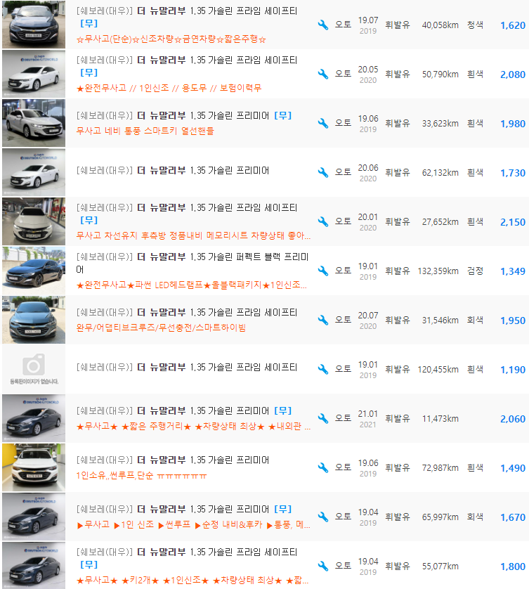 더 뉴 말리부 1.35 가솔린 등급 중고차 가격 : 1,169만원 ~ 2,220만원