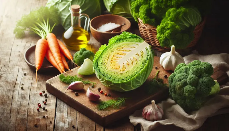 나무 도마 위에 반으로 잘린 양배추와 주변에 브로콜리, 당근, 오리브 오일 등이 놓여 있는 사진.