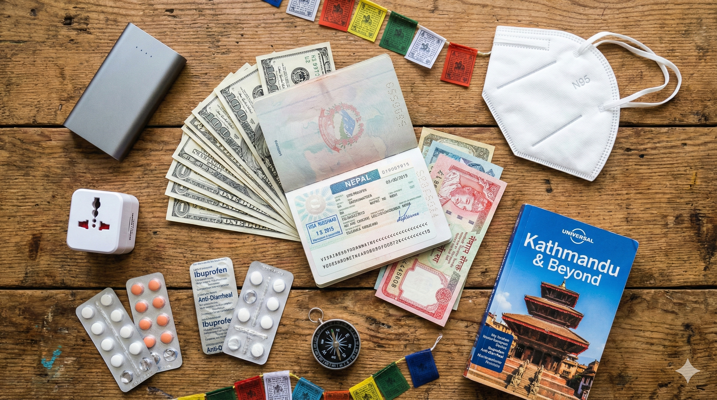 네팔 도착 비자용 깨끗한 달러 지폐, 상비약, 보조배터리 등 카트만두 여행 필수 준비물 모음.