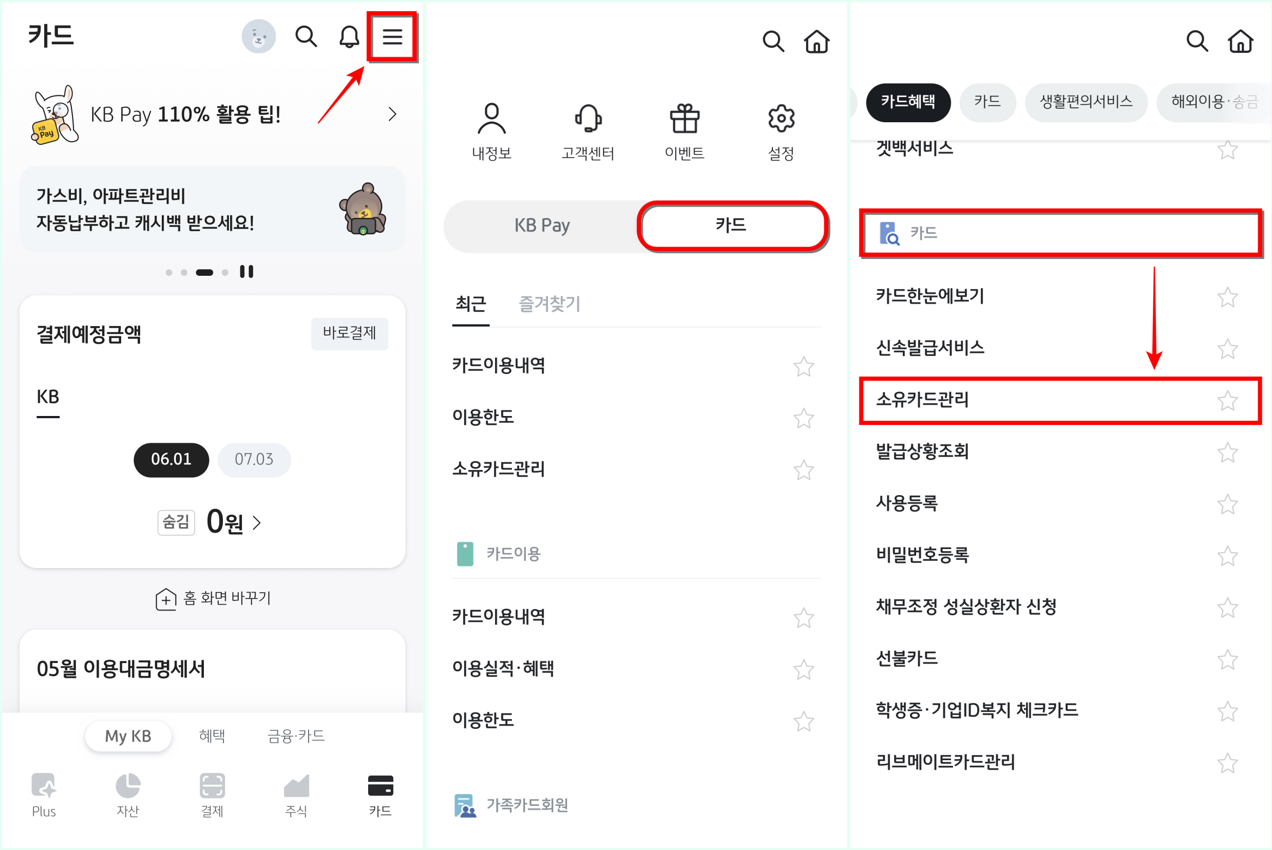 KB Pay의 메뉴로 접속하여 카드 메뉴를 선택하고, 소유카드관리 메뉴를 선택