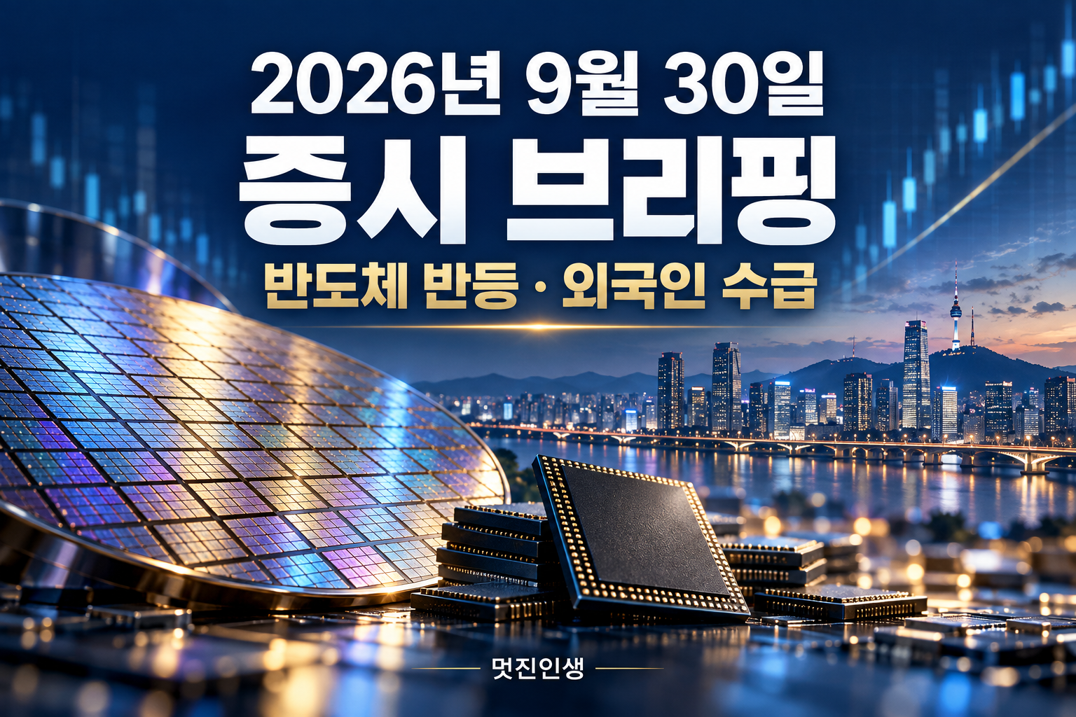 반도체 웨이퍼와 메모리 칩, 생산설비 위에 삼성전자와 SK하이닉스의 수급 확인 문구를 넣은 이미지