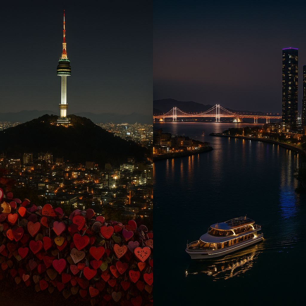 서울 남산타워의 러브 자물쇠부터 빛나는 부산 광안대교 항구, 물 위를 가르는 송도 센트럴파크 야경 크루즈까지 담은 한국 밤도시 파노라마