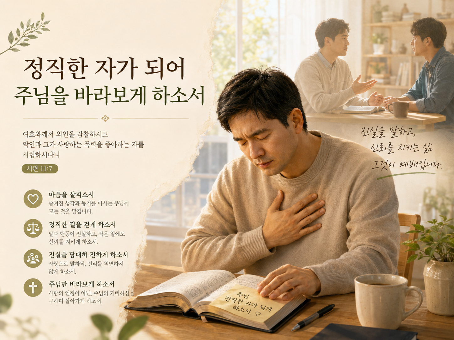 시 11:7 말씀에서 하나님께서는 공의를 사랑하시기 때문에 정직한 자는 그의 얼굴을 보신다고 하셨는데, 정직한 자가 하나님을 보게되는 것 같이 나도 정직하여 하나님을 보는 자가 되길 간절히 기도합니다. 주여, 정직한 자가 되도록 저를 인도하여 주시옵소서. 제가 정직할 수 있기를 기도하며, 오늘도 정직하려는 시도를 하는 모습입니다.