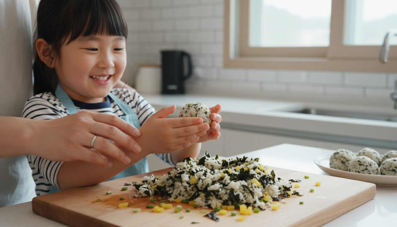 아이가 엄마와 함께 청각 주먹밥을 만들고 있는 즐거운 모습.