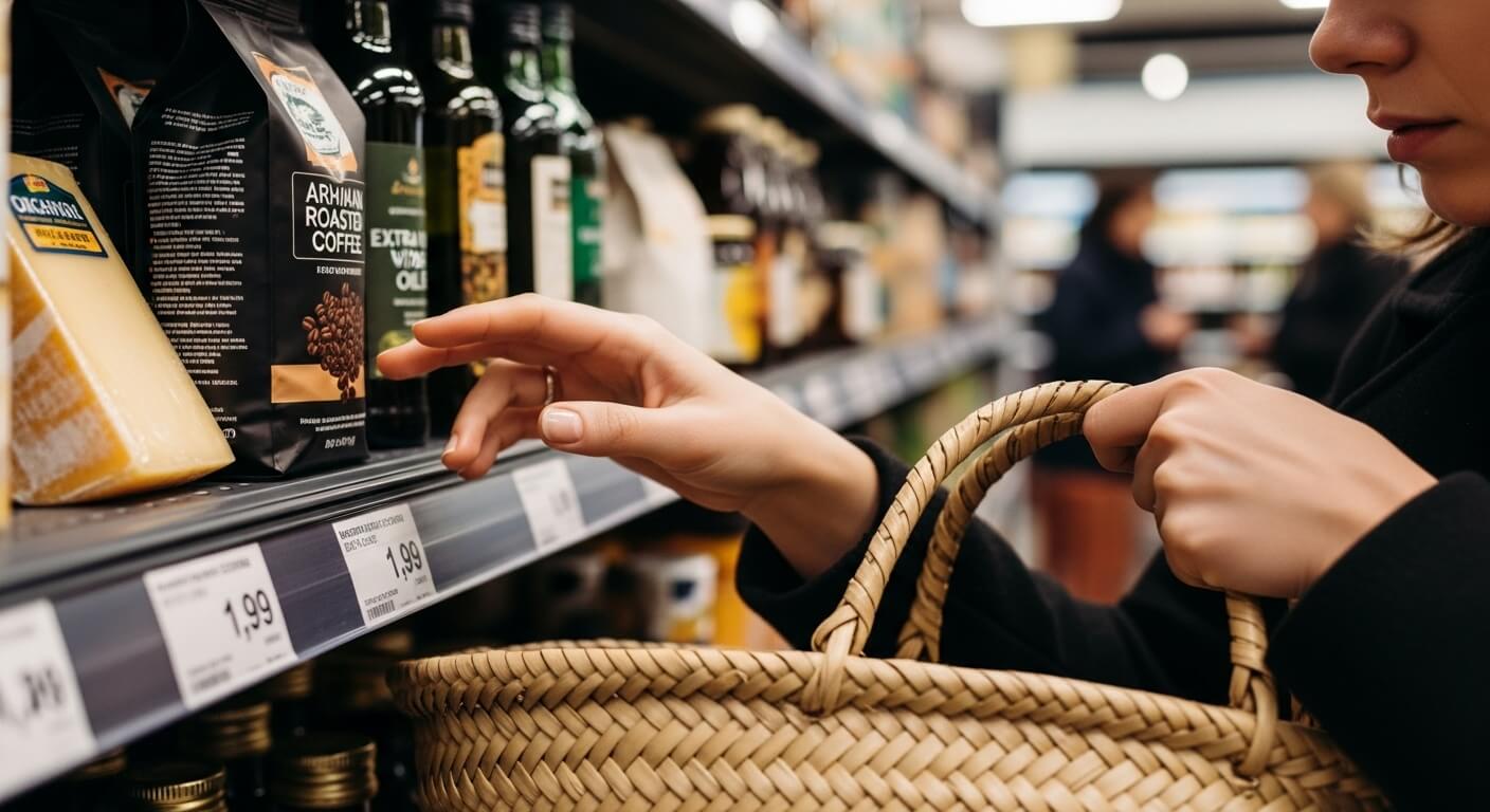 수입품 가격표를 보며 걱정하는 손과 장바구니.