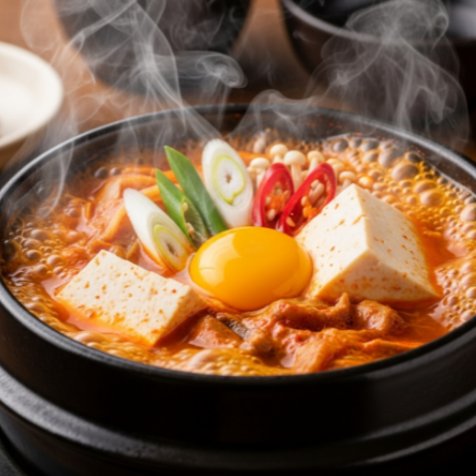 김이 모락모락 피어오르는, 얼큰하고 부드러운 순두부 고추장 찌개