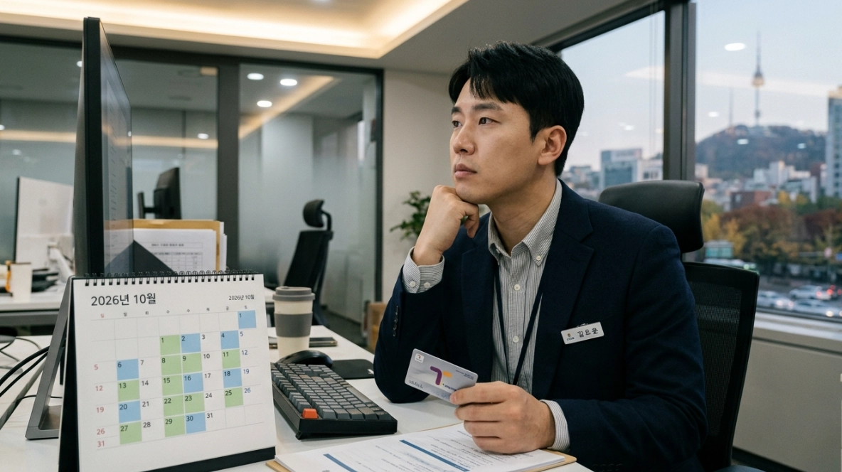 달력의 홀수/짝수 날짜가 강조되어 있고, 그 옆에 차 키 대신 대중교통 카드를 들고 고민하는 직장인의 모습