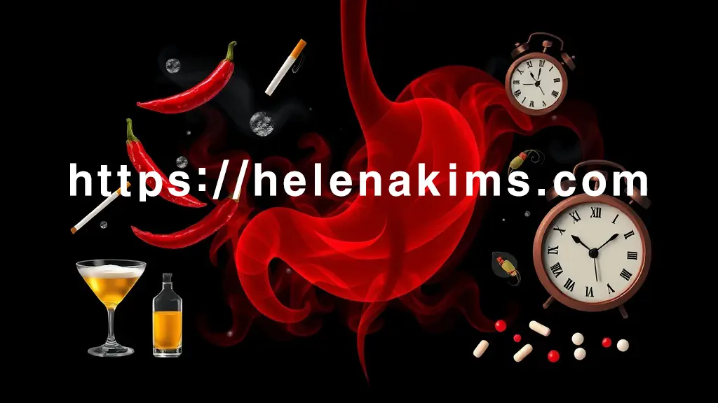 어둡고 차분한 배경 중앙에 인체 위 실루엣이 놓이 놓여 있고, 위 주변으로는 매운 고추, 소금 결정, 기름방울, 담배, 술잔, 깨진 시계(스트레스 상징), 나선형 헬리코박터균, 알약 등의 아이콘들이 위를 압박하듯이 배치된 이미지.