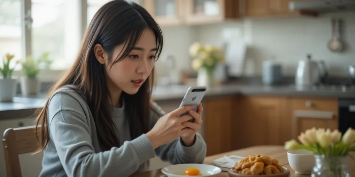 스마트폰으로 생리 지연 원인 검색하는 장면