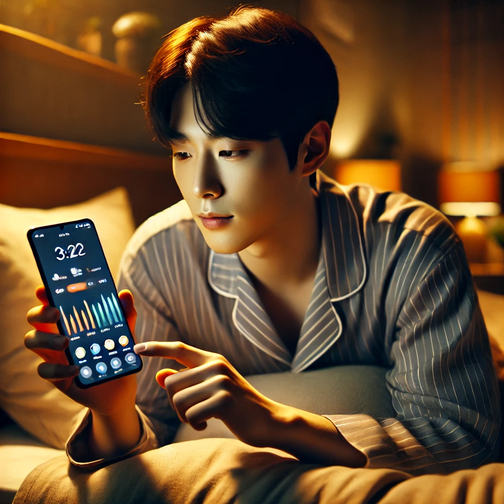 스마트폰으로 수면 앱을 확인하며 잠드는 모습