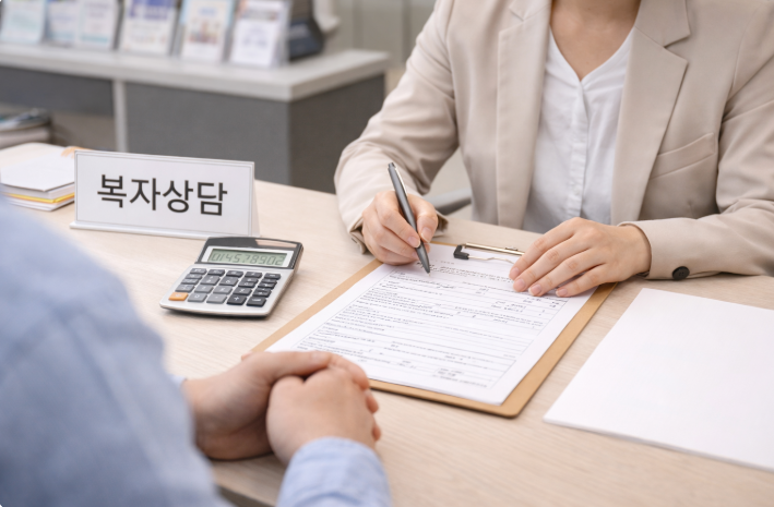 주민센터 복지상담 창구에서 상담원이 신청서를 작성하며 기초생활수급자 상담을 진행하는 모습