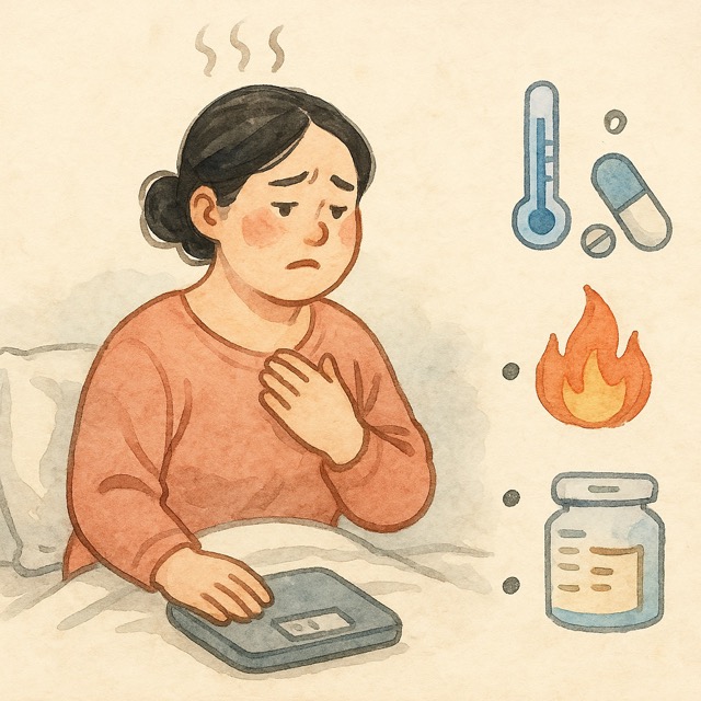 여성이 창문 앞에서 땀을 닦으며 지친 표정을 짓고 있고, 가슴 위에 손을 얹은 채 심장이 두근거리는 듯한 모습을 표현