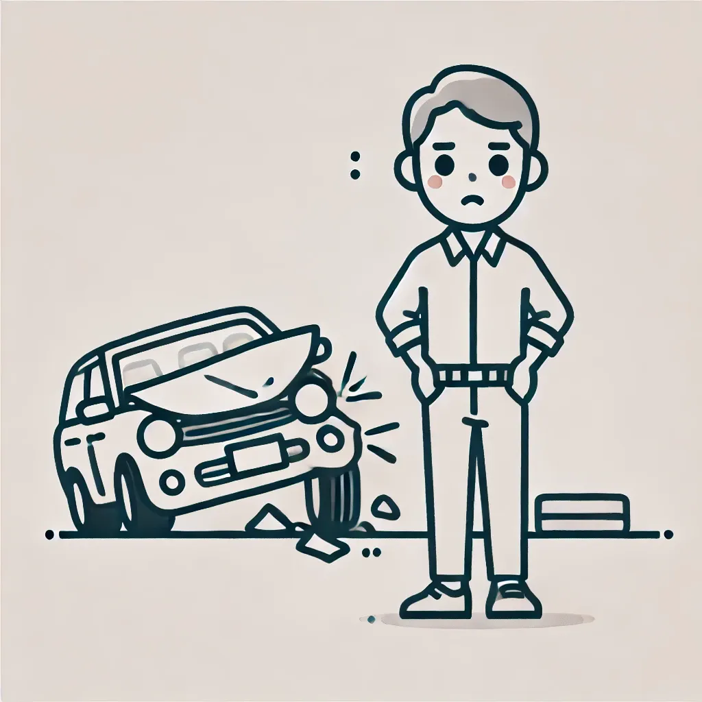 사고 난 차 앞에서 심각한 표정으로 서 있는 사람