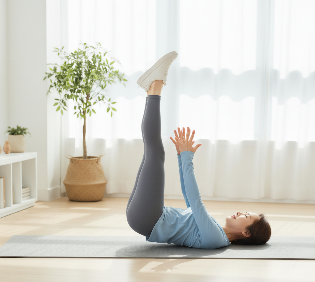 명절 후유증으로 붓기 뺄 때 좋은 모관운동 자세를 하는 중년 여성