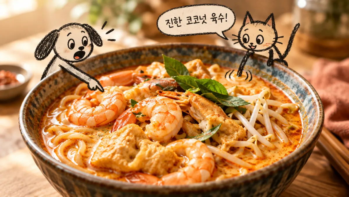 코코넛 밀크와 해산물 페이스트로 진한 국물을 낸 싱가포르 락사 라면의 클로즈업 모습