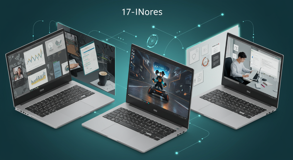 2025년 17인치 노트북의 세 가지 주요 용도(업무, 게이밍, 인강)를 시각적으로 분할하여 보여주는 이미지. 각 구역에는 해당 용도에 맞는 사용 환경과 핵심 기술(AI, 고성능 그래픽, OLED)이 직관적으로 표현되어 있다.