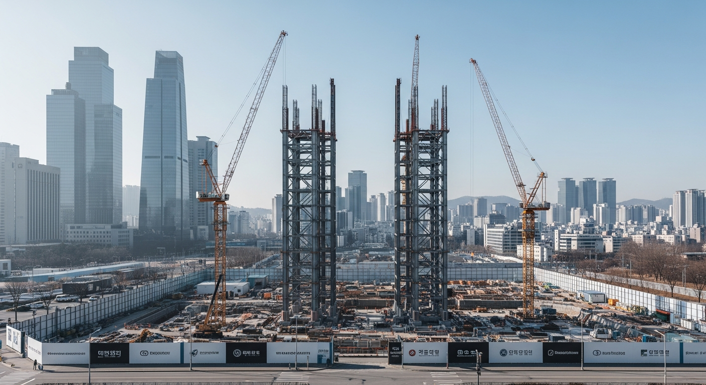 2026년 2월 서울 용산 국제업무지구 건설 현장의 사실적이고 영화 같은 하이앵글 샷. 맑은 겨울 하늘을 배경으로 타워크레인과 철골 구조물이 올라가는 모습. 배경에는 현대적인 고층 빌딩들, 프로젝트 로고가 있는 공사 펜스. 사실적인 조명, 8k 해상도, 피사계 심도.