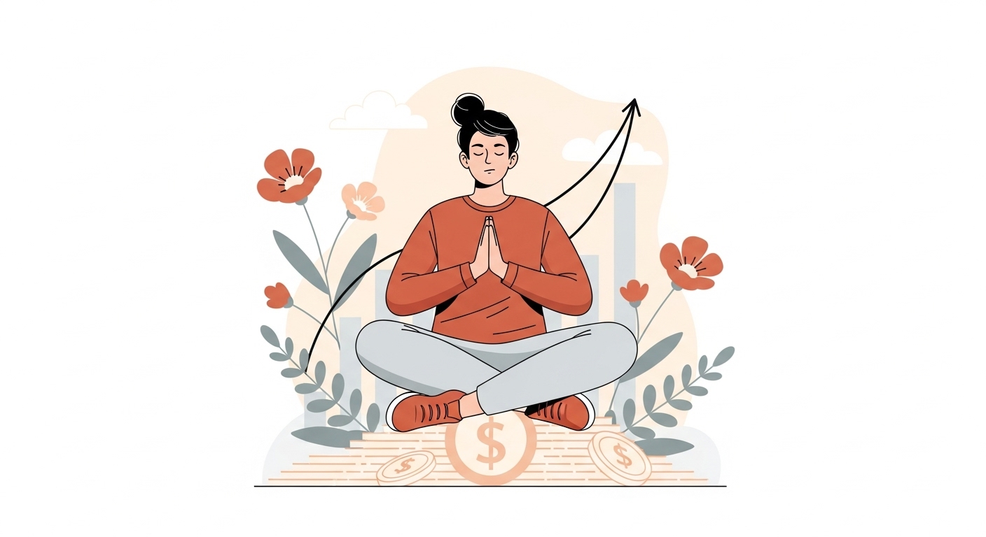 돈 더미 위에서 평화롭게 명상하며 재정 목표를 향한 차분하고 집중적인 마음을 보여주는 사람. 뒤로는 성장하는 금융 그래프와 꽃이 피어나는 모습이 조화롭게 어우러져 있습니다.