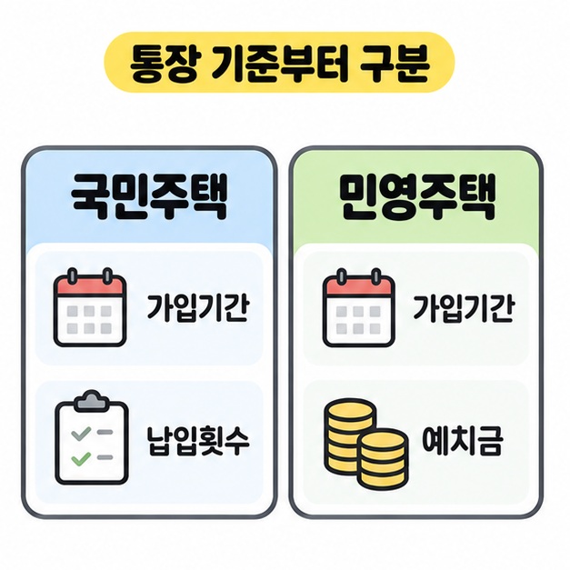국민주택은 가입기간과 납입횟수, 민영주택은 가입기간과 예치금으로 구분해 나란히 보여 주는 통장 기준 비교